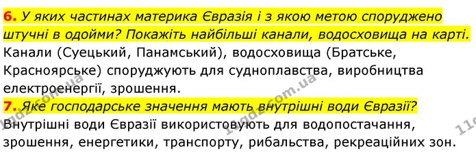 6. У яких частинах материка Євразія і з якою метою споруджено штучні в одойми? Покажіть найбільші канали, водосховища на карті. — ГДЗ Географія 7 клас Безуглий