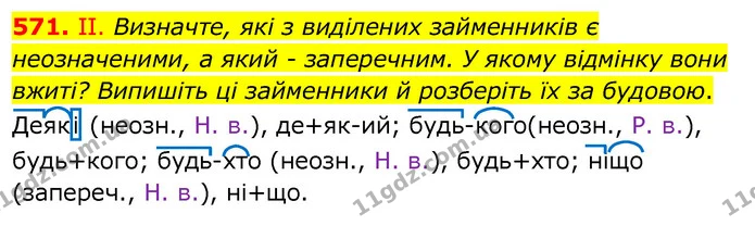 571. ІІ. Визначте, які з виділених займенників є неозначеними, а який - заперечним. У якому відмінку вони вжиті? Випишіть ці займенники — ГДЗ Українська мова 6 клас Заболотний 2020