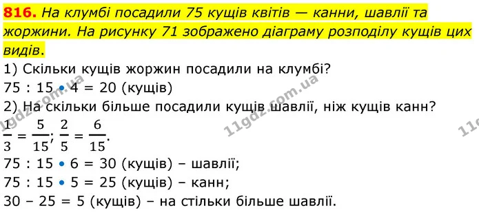 816. На клумбі посадили 75 кущів квітів — канни, шавлії та жоржини. На рисунку 71 зображено діаграму розподілу кущів цих видів. — ГДЗ Математика 6 клас Кравчук 2023