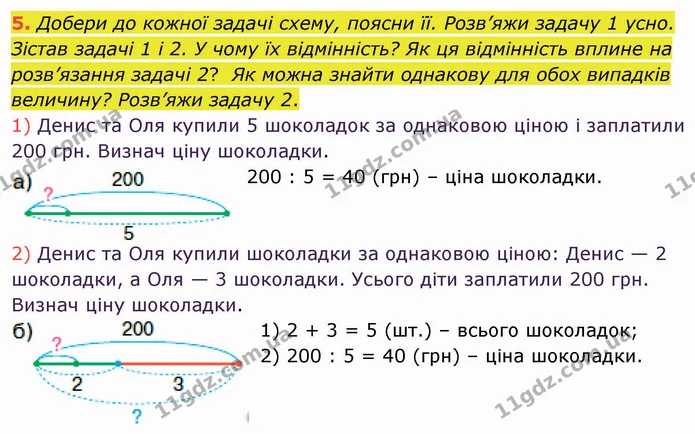 5. Добери до кожної задачі схему, поясни її. Розв’яжи задачу 1 усно. Зістав задачі 1 і 2. У чому їх відмінність? Як ця відмінність — ГДЗ Математика 4 клас Скворцова