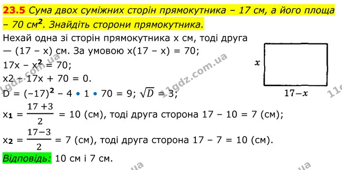 23.5 Сума двох суміжних сторін прямокутника – 17 см, а його площа – 70 см2. Знайдіть сторони прямокутника. — ГДЗ Алгебра 8 клас Істер