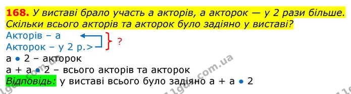 168. У виставі брало участь а акторів, а акторок — у 2 рази більше. Скільки всього акторів та акторок було задіяно у виставі? — ГДЗ Математика 3 клас Лишенко (1, 2 частина)