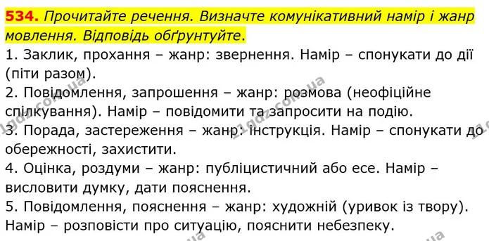 534. Прочитайте речення. Визначте комунікативний намір і жанр мовлення. Відповідь обґрунтуйте. — ГДЗ Українська мова 6 клас Голуб 2023