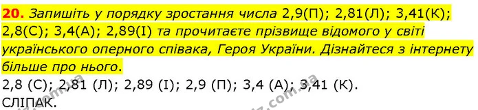 20. Запишіть у порядку зростання числа 2,9(П); 2,81(Л); 3,41(К); 2,8(C); 3,4(A); 2,89(І) та прочитаєте прізвище відомого у світі — ГДЗ Алгебра 7 клас Істер 2024