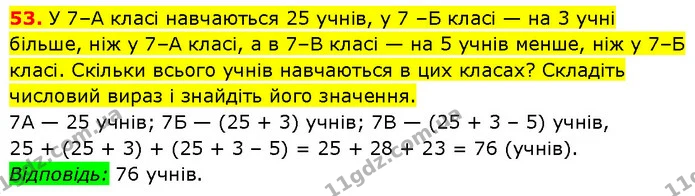 53. У 7–А класі навчаються 25 учнів, у 7 –Б класі — на 3 учні більше, ніж у 7–А класі, а в 7–В класі — на 5 учнів менше, ніж у 7–Б — ГДЗ Алгебра 7 клас Тарасенкова 2024