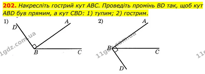 202. Накресліть гострий кут ABC. Проведіть промінь BD так, щоб кут ABD був прямим, а кут CBD: 1) тупим; 2) гострим. — ГДЗ Математика 6 клас Мерзляк 2023 1-2 ч.