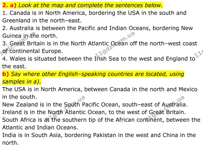 2. a) Look at the map and complete the sentences below. — ГДЗ Англійська мова 8 клас Карпюк 2025