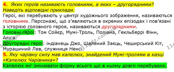 4. Яких героїв називають головними, а яких – другорядними? Наведіть відповідні приклади. — ГДЗ Зарубіжна література 5 клас Волощук