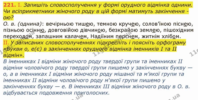 221. І. Запишіть словосполучення у формі орудного відмінка однини. Чи всіприкметники жіночого роду в цій формі матимуть закінчення -ою? — ГДЗ Українська мова 6 клас Заболотний 2019