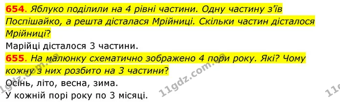 654. Яблуко поділили на 4 рівні частини. Одну частину з'їв Поспішайко, а решта дісталася Мрійниці. Скільки частин дісталося Мрійниці? — ГДЗ Математика 3 клас Бевз 2 частина