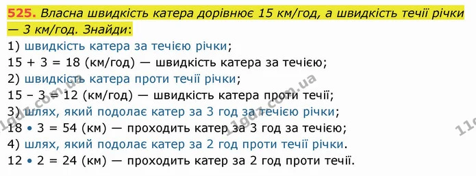 525. Власна швидкість катера дорівнює 15 км/год, а швидкість течії річки — 3 км/год. Знайди: — ГДЗ Математика 5 клас Істер 2022