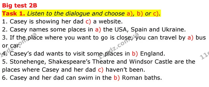 Task 1. Listen to the dialogue and choose a), b) or c). — ГДЗ Збірник тестів Англійська мова 5 клас Карпюк