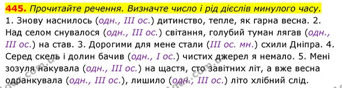 445. Прочитайте речення. Визначте число і рід дієслів минулого часу. — ГДЗ Українська мова 6 клас Ворон, Солопенко