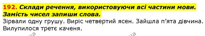 192. Склади речення, використовуючи всі частини мови. Замість чисел запиши слова. — ГДЗ Українська мова 2 клас Захарійчук