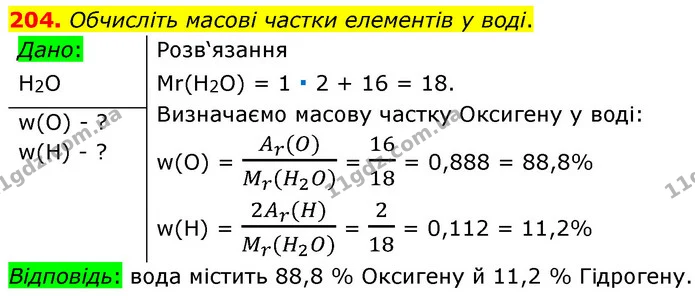 204. Обчисліть масові частки елементів у воді. — ГДЗ Хімія 7 клас Попель 2020