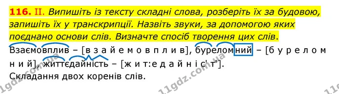 116. ІІ. Випишіть із тексту складні слова, розберіть їх за будовою, запишіть їх у транскрипції. Назвіть звуки, за допомогою яких — ГДЗ Українська мова 6 клас Голуб 2023