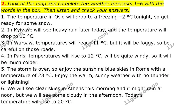 2. Look at the map and complete the weather forecasts 1–6 with the words in the box. Then listen and check your answers. — ГДЗ Англійська мова 7 клас Мітчелл