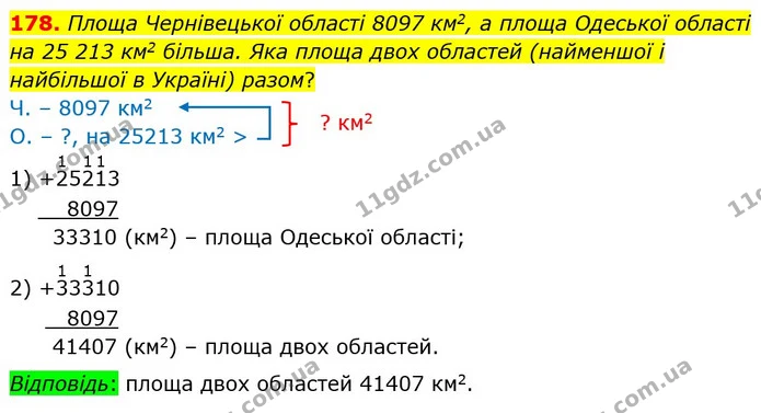 178. Площа Чернівецької області 8097 км2, а площа Одеської області на 25 213 км2 більша. Яка площа двох областей (найменшої і — ГДЗ Математика 4 клас Заїка