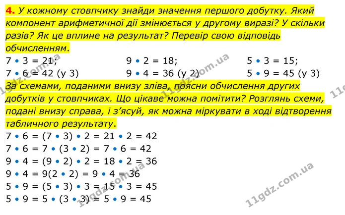 4. У кожному стовпчику знайди значення першого добутку. Який компонент арифметичної дії змінюється у другому виразі? У скільки разів? — ГДЗ Математика 3 клас Скворцова 1-2 ч.