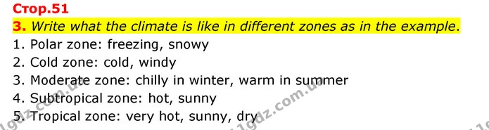 3. Write what the climate is like in different zones as in the example. — ГДЗ Робочий зошит Англійська мова 5 клас Карпюк