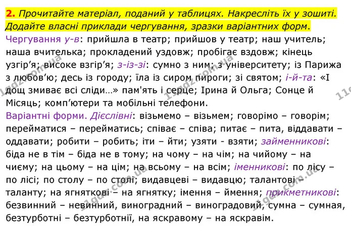 2. Прочитайте матеріал, поданий у таблицях. Накресліть їх у зошиті. Додайте власні приклади чергування, зразки варіантних форм. — ГДЗ Відповіді Українська мова 6 клас Єрмоленко