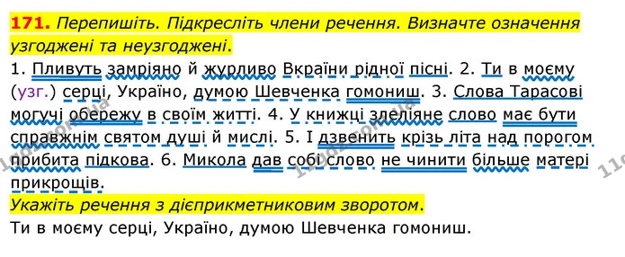 171. Перепишіть. Підкресліть члени речення. Визначте означення узгоджені та неузгоджені. — ГДЗ Українська мова 8 клас Глазова О.П. 2021