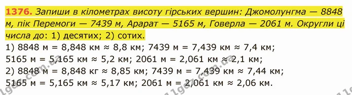 1376. Запиши в кілометрах висоту гірських вершин: Джомолунгма — 8848 м, пік Перемоги — 7439 м, Арарат — 5165 м, Говерла — 2061 м — ГДЗ Математика 5 клас Істер 2022
