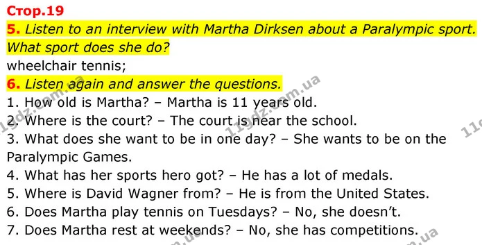 5. Listen to an interview with Martha Dirksen about a Paralympic sport. What sport does she do? — ГДЗ Англійська мова 6 клас Коста (Prepare 6)