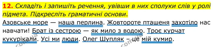 12. Складіть і запишіть речення, увівши в них сполуки слів у ролі підмета. Підкресліть граматичні основи. — ГДЗ Українська мова 8 клас Авраменко