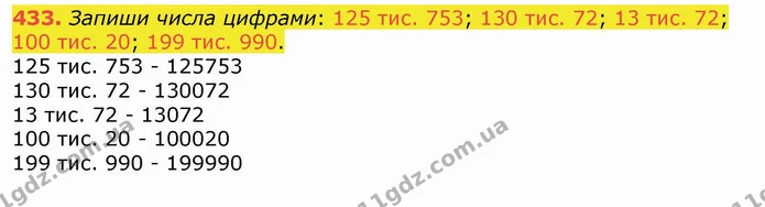 433. Запиши числа цифрами: 125 тис. 753; 130 тис. 72; 13 тис. 72; 100 тис. 20; 199 тис. 990. — ГДЗ Математика 4 клас Лишенко 1-2 ч.
