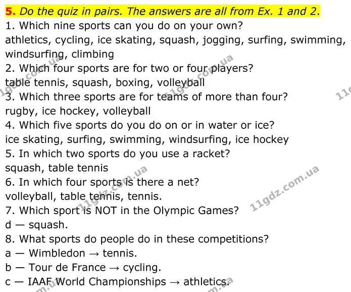 5. Do the quiz in pairs. The answers are all from Ex. 1 and 2. — ГДЗ Англійська мова 8 клас Стайрінг (Prepare)