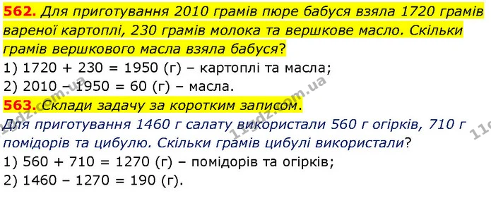 562. Для приготування 2010 грамів пюре бабуся взяла 1720 грамів вареної картоплі, 230 грамів молока та вершкове масло. Скільки грамів — ГДЗ Математика 4 клас Бевз 1 та 2 частини