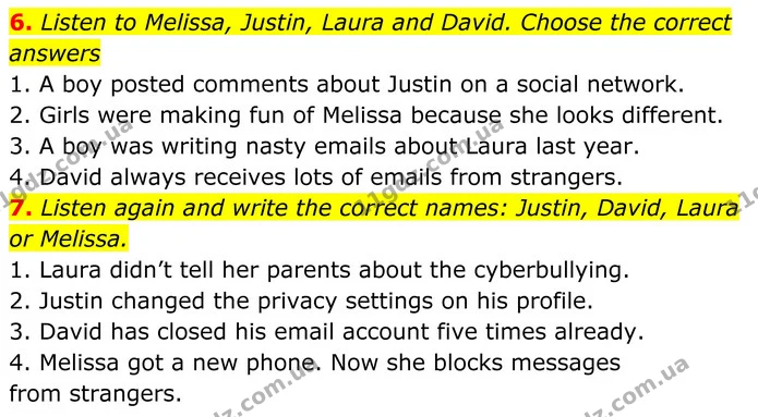 6. Listen to Melissa, Justin, Laura and David. Choose the correct answers — ГДЗ Англійська мова 8 клас Стайрінг (Prepare)