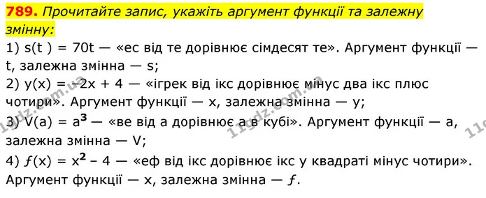 789. Прочитайте запис, укажіть аргумент функції та залежну — ГДЗ Алгебра 7 клас Мерзляк, Полонський 2015
