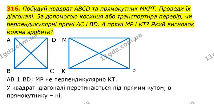 316. Побудуй квадрат ABCD та прямокутник МКРТ. Проведи їх діагоналі. За допомогою косинця або транспортира перевір, чи перпендикулярні — ГДЗ Математика 5 клас Бевз