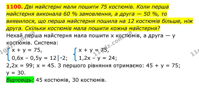 1100. Дві майстерні мали пошити 75 костюмів. Коли перша майстерня виконала 60 % замовлення, а друга — 50 %, то виявилося, що перша — ГДЗ Алгебра 7 клас Мерзляк, Полонський 2015