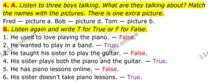 4. A. Listen to three boys talking. What are they talking about? Match the names with the pictures. There is one extra picture. — ГДЗ Англійська мова 8 клас Мітчелл