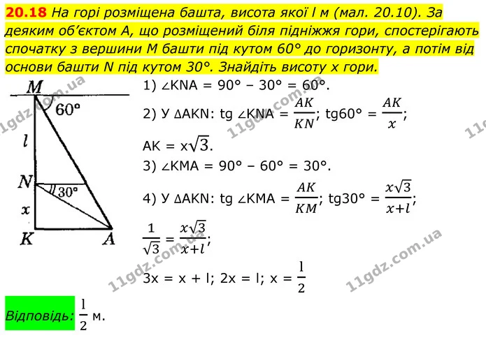 20.18 На горі розміщена башта, висота якої l м (мал. 20.10). За деяким об’єктом A, що розміщений біля підніжжя гори, спостерігають — ГДЗ Геометрія 8 клас Істер