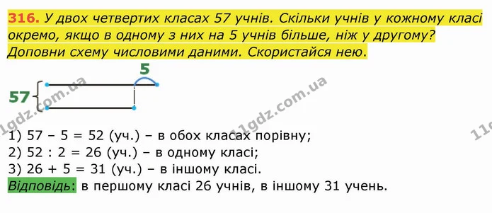 316. У двох четвертих класах 57 учнів. Скільки учнів у кожному класі окремо, якщо в одному з них на 5 учнів більше, ніж у другому? — ГДЗ Математика 4 клас Заїка