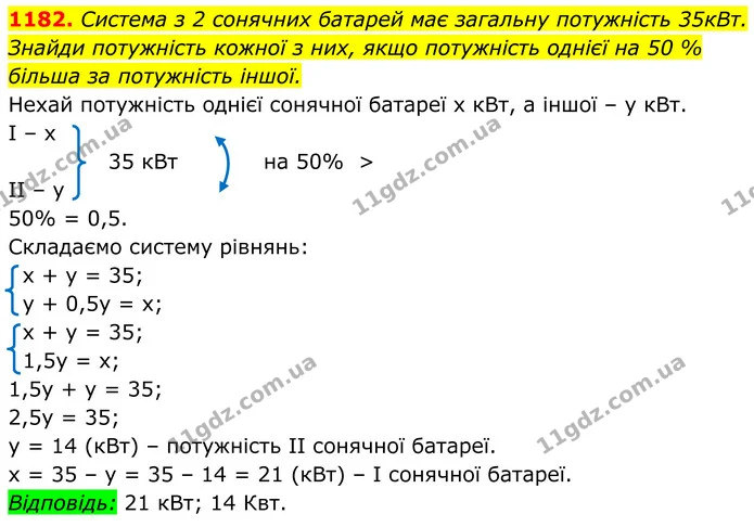 1182. Система з 2 сонячних батарей має загальну потужність 35кВт. Знайди потужність кожної з них, якщо потужність однієї на 50 % — ГДЗ Алгебра 7 клас Бевз