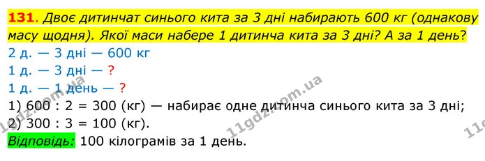 131. Двоє дитинчат синього кита за 3 дні набирають 600 кг (однакову масу щодня). Якої маси набере 1 дитинча кита за 3 дні? А за 1 день? — ГДЗ Математика 3 клас Бевз 2 частина