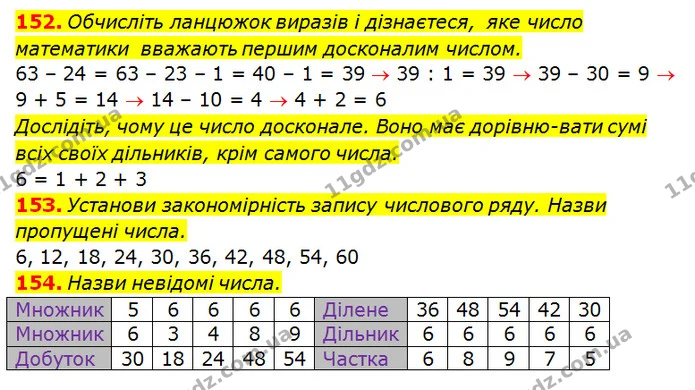 152. Обчисліть ланцюжок виразів і дізнаєтеся, яке число математики вважають першим досконалим числом. — ГДЗ Математика 3 клас Оляницька 1 та 2 частини