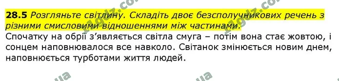 28.5 Розгляньте світлину. Складіть двоє безсполучникових речень з різними смисловими відношеннями між частинами. — ГДЗ Українська мова 9 клас Голуб 2017