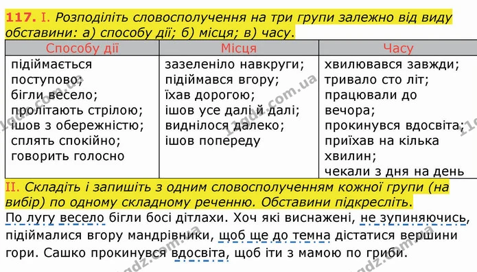 117. І. Розподіліть словосполучення на три групи залежно від виду обставини: а) способу дії; б) місця; в) часу. — ГДЗ Українська мова 8 клас Заболотний 2021