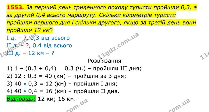 1553. За перший день триденного походу туристи пройшли 0,3, а за другий 0,4 всього маршруту. Скільки кілометрів туристи пройшли першого — ГДЗ Математика 5 клас Бевз