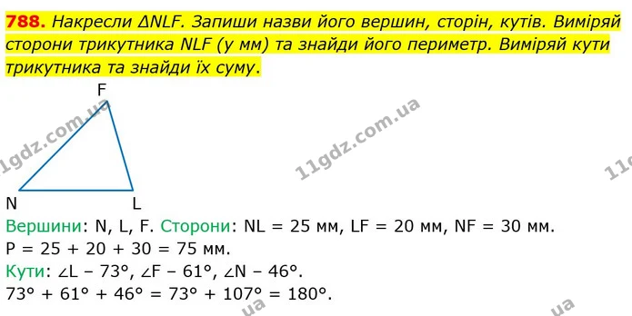 788. Накресли ∆NLF. Запиши назви його вершин, сторін, кутів. Виміряй сторони трикутника NLF (у мм) та знайди його периметр. Виміряй — ГДЗ Математика 5 клас Істер 2022