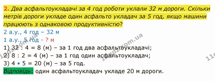 2. Два асфальтоукладачі за 4 год роботи уклали 32 м дороги. Скільки метрів дороги укладе один асфальто укладач за 5 год, якщо машини — ГДЗ Математика 4 клас Скворцова