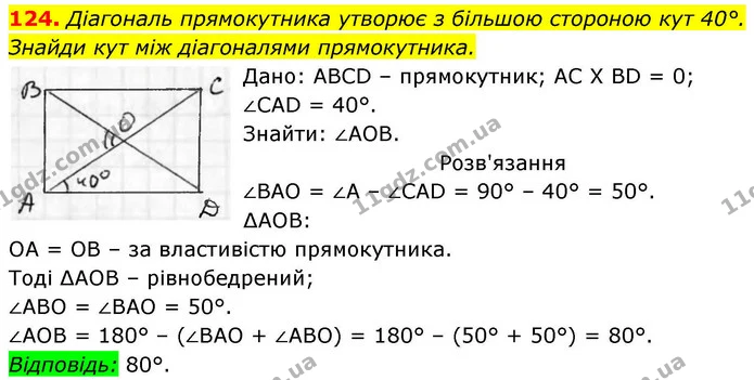 124. Діагональ прямокутника утворює з більшою стороною кут 40°. — ГДЗ Геометрія 8 клас Бевз