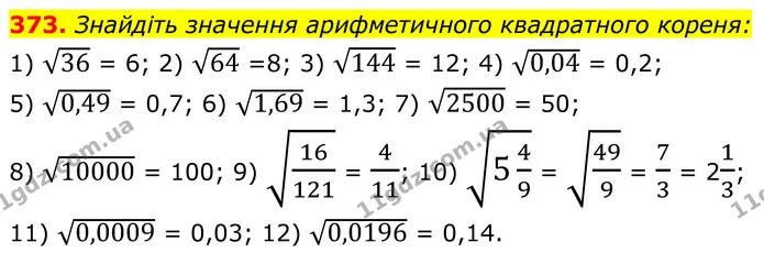 373. Знайдіть значення арифметичного квадратного кореня: — ГДЗ Алгебра 8 клас Мерзляк