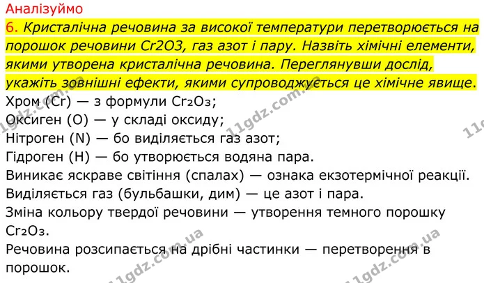 6. Кристалічна речовина за високої температури перетворюється на порошок речовини Cr2O3, газ азот і пару. Назвіть хімічні елементи — ГДЗ Хімія 8 клас Попель